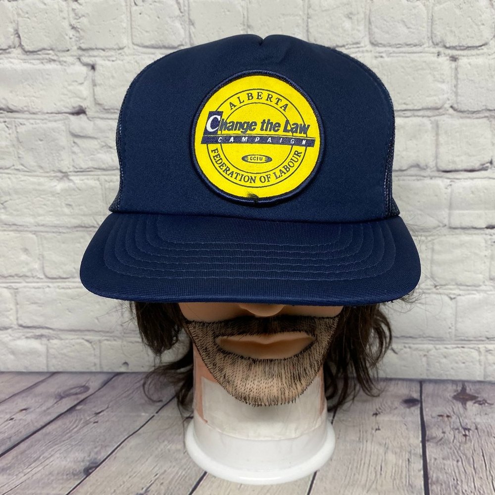 Vintage Hat Cap Snapback Navy Blue Alberta Federation Labor Trucker Mesh Patch
